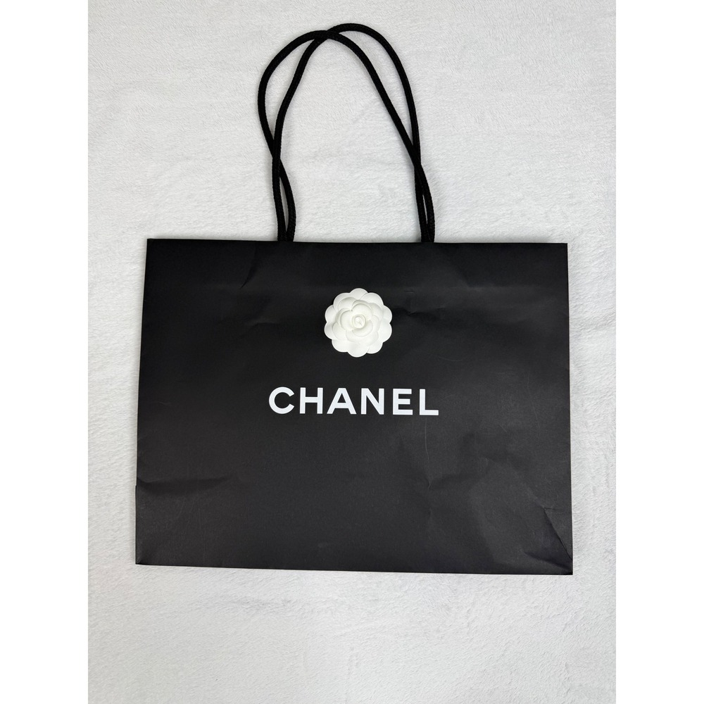Chanel Black Paper Shopping Bag with Camellia Flower Medium Gift Bag